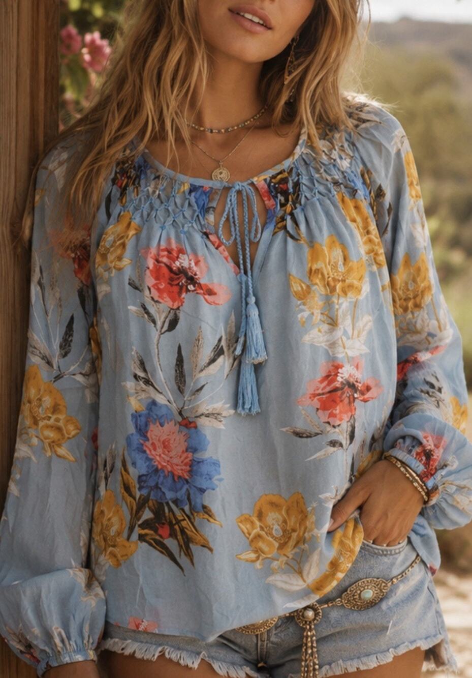 Lucky Brand Blue Floral Peasant Blouse Tassel V-Neck Boho Long Sleeve Top Small